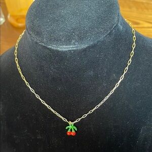 Madewell Gold Necklace with Red and Green Cherry Pendant